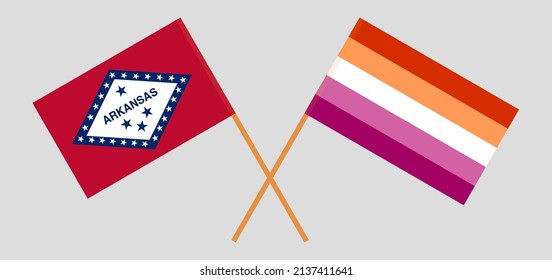 Crossed flags of The State of Arkansas and Lesbian Pride. Official colors. Correct proportion. Vector illustration
