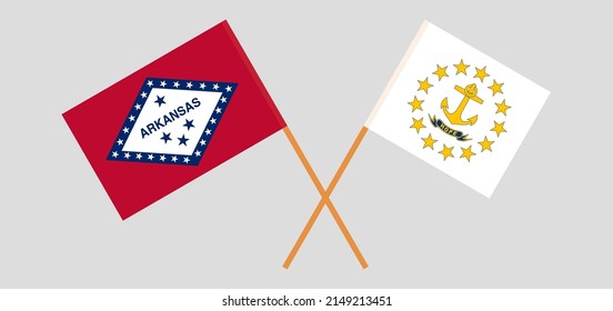 Banderas cruzadas del estado de Arkansas y el estado de la isla Rhode. Colores oficiales. Proporción correcta. Ilustración del vector
