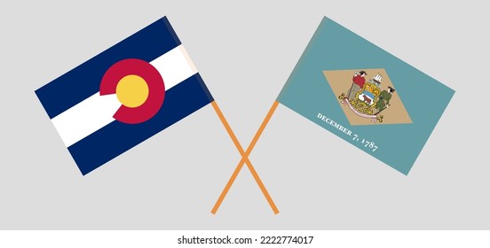 Crossed flags of The State of Colorado and The State of Delaware. Official colors. Correct proportion. Vector illustration
