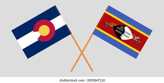 Crossed flags of The State of Colorado and Eswatini. Official colors. Correct proportion. Vector illustration
