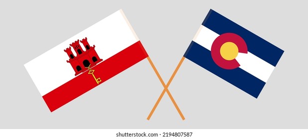 Banderas cruzadas del Estado de Colorado y Gibraltar. Colores oficiales. Proporción correcta. Ilustración del vector
