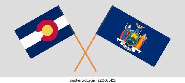 Banderas cruzadas del estado de Colorado y el estado de Nueva York. Colores oficiales. Proporción correcta. Ilustración del vector

