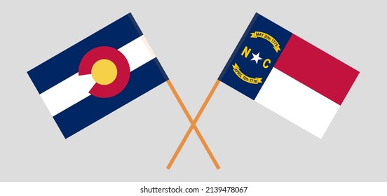 Crossed flags of The State of Colorado and The State of North Carolina. Official colors. Correct proportion. Vector illustration
