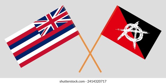 Crossed flags of The State Of Hawaii and anarchy. Official colors. Correct proportion. Vector illustration
