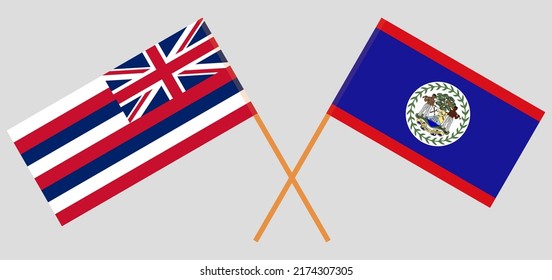 Crossed flags of The State Of Hawaii and Belize. Official colors. Correct proportion. Vector illustration
