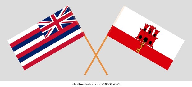Crossed flags of The State Of Hawaii and Gibraltar. Official colors. Correct proportion. Vector illustration
