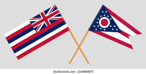 Crossed flags of The State Of Hawaii and the State of Ohio. Official colors. Correct proportion. Vector illustration
