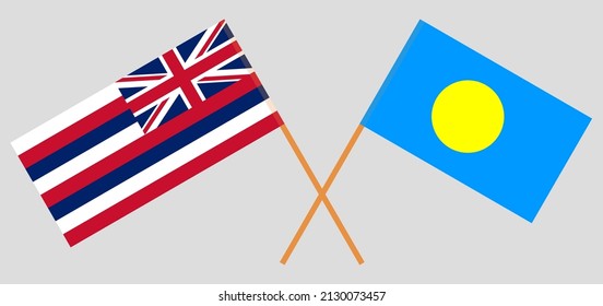 Crossed flags of The State Of Hawaii and Palau. Official colors. Correct proportion. Vector illustration
