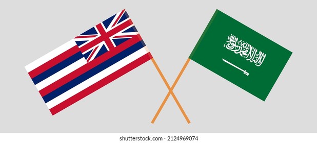 Crossed flags of The State Of Hawaii and Saudi Arabia. Official colors. Correct proportion. Vector illustration
