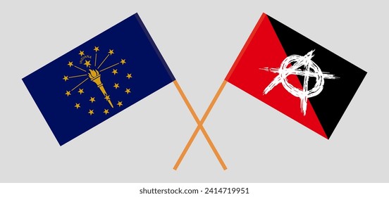 Crossed flags of the State of Indiana and anarchy. Official colors. Correct proportion. Vector illustration
