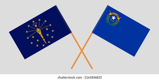 Crossed flags of the State of Indiana and The State of Nevada. Official colors. Correct proportion. Vector illustration
