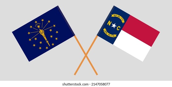Crossed flags of the State of Indiana and The State of North Carolina. Official colors. Correct proportion. Vector illustration

