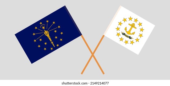 Crossed flags of the State of Indiana and the State of Rhode Island. Official colors. Correct proportion. Vector illustration
