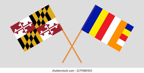 Crossed flags of the State of Maryland and Buddhism. Official colors. Correct proportion. Vector illustration
