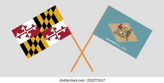 Crossed flags of the State of Maryland and The State of Delaware. Official colors. Correct proportion. Vector illustration
