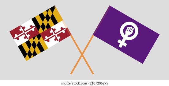 Crossed flags of the State of Maryland and Feminism. Official colors. Correct proportion. Vector illustration
