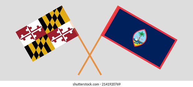Crossed flags of the State of Maryland and Guam. Official colors. Correct proportion. Vector illustration
