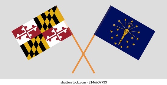 Crossed flags of the State of Maryland and the State of Indiana. Official colors. Correct proportion. Vector illustration
