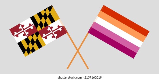 Crossed flags of the State of Maryland and Lesbian Pride. Official colors. Correct proportion. Vector illustration
