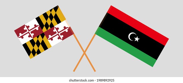 Crossed flags of the State of Maryland and Libya. Official colors. Correct proportion