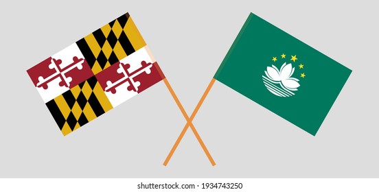 Crossed flags of the State of Maryland and Macau. Official colors. Correct proportion