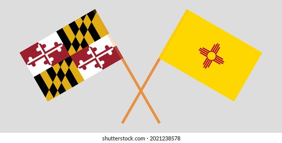 Crossed flags of the State of Maryland and the State of New Mexico. Official colors. Correct proportion