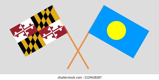 Crossed flags of the State of Maryland and Palau. Official colors. Correct proportion. Vector illustration
