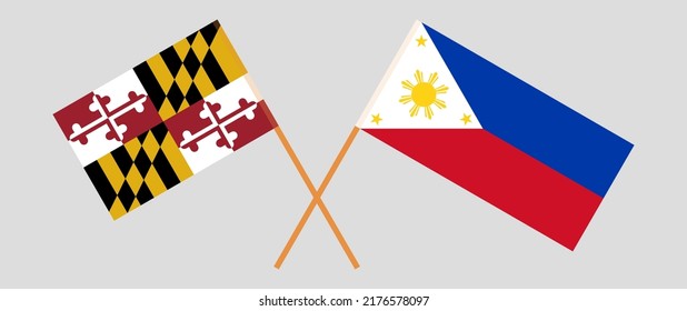 Gekreuzte Flaggen des Staates Maryland und der Philippinen. Offizielle Farben. Richtiger Anteil. Vektorgrafik
