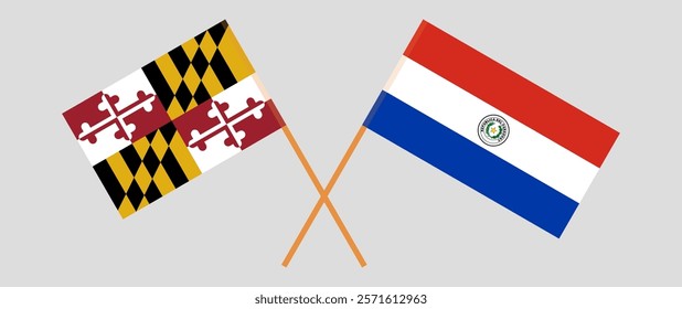 Crossed flags of the State of Maryland and Republic of Paraguay. Official colors. Correct proportion. Vector illustration.
