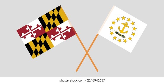 Banderas cruzadas del estado de Maryland y del estado de Rhode Island. Colores oficiales. Proporción correcta. Ilustración del vector

