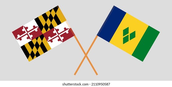 Crossed flags of the State of Maryland and Saint Vincent and the Grenadines. Official colors. Correct proportion. Vector illustration
