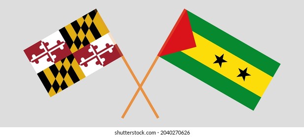 Crossed flags of the State of Maryland and Sao Tome and Principe. Official colors. Correct proportion