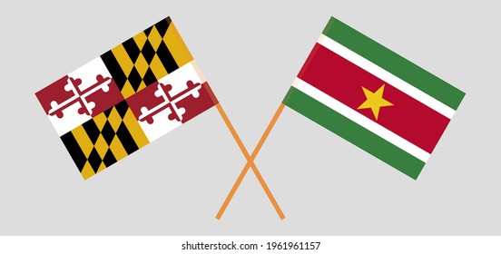  Crossed flags of the State of Maryland and Suriname. Official colors. Correct proportion