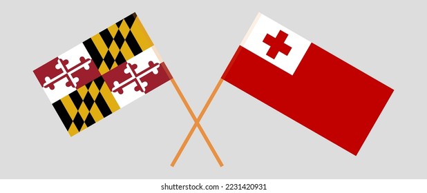 Crossed flags of the State of Maryland and Tonga. Official colors. Correct proportion. Vector illustration
