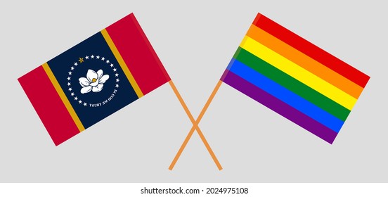 Crossed flags of the State of Mississippi and LGBTQ. Official colors. Correct proportion