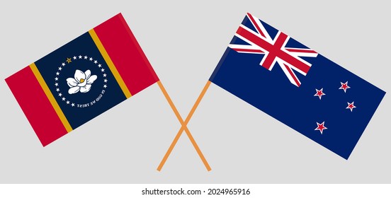 Crossed flags of the State of Mississippi and New Zealand. Official colors. Correct proportion