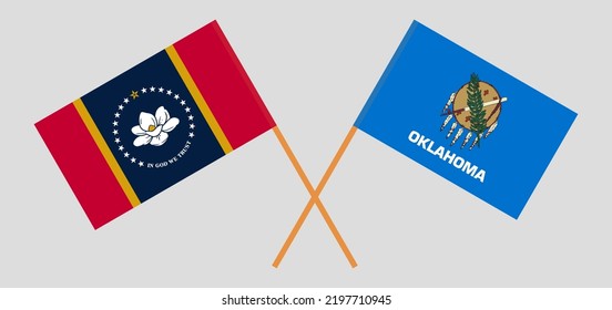 Crossed flags of The State of Mississippi and The State of Oklahoma. Official colors. Correct proportion. Vector illustration
