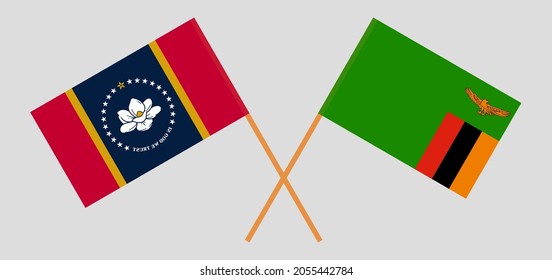 Crossed flags of the State of Mississippi and the Republic of Zambia. Official colors. Correct proportion