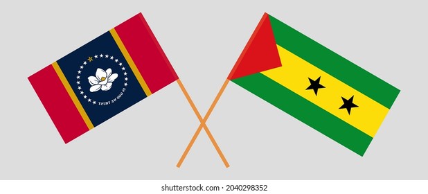 Crossed flags of the State of Mississippi and Sao Tome and Principe. Official colors. Correct proportion