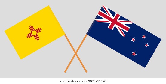 Crossed flags of the State of New Mexico and New Zealand. Official colors. Correct proportion