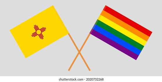 Crossed flags of the State of New Mexico and LGBTQ. Official colors. Correct proportion