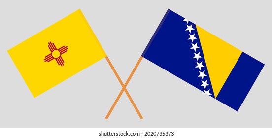 Banderas cruzadas del Estado de Nuevo México y Bosnia y Herzegovina. Colores oficiales. Proporción correcta
