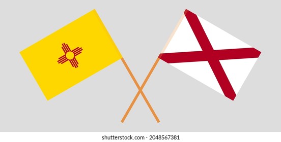 Banderas cruzadas del estado de Nuevo México y el estado de Alabama. Colores oficiales. Proporción correcta