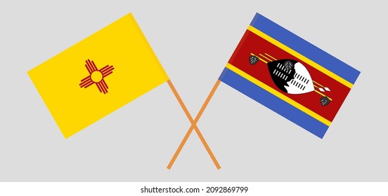 Crossed flags of the State of New Mexico and Eswatini. Official colors. Correct proportion. Vector illustration
