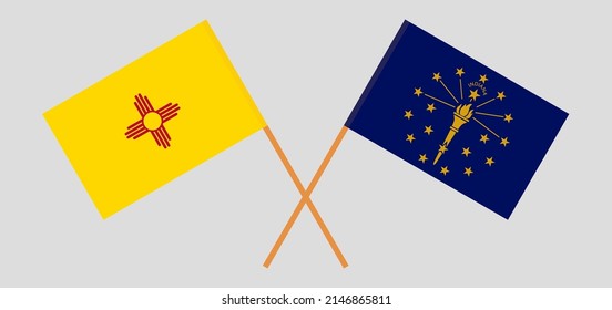 Banderas cruzadas del Estado de Nuevo México y el Estado de Indiana. Colores oficiales. Proporción correcta. Ilustración del vector
