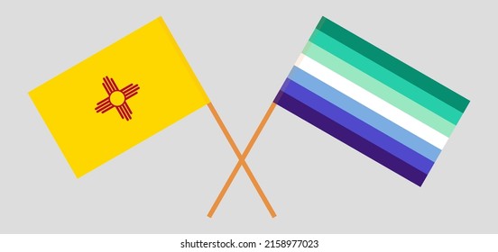 Crossed flags of the State of New Mexico and gay men pride. Official colors. Correct proportion. Vector illustration
