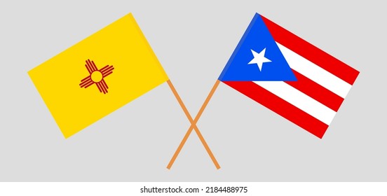 Crossed flags of the State of New Mexico and Puerto Rico. Official colors. Correct proportion. Vector illustration
