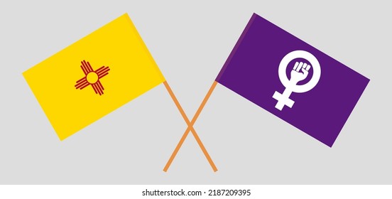 Crossed flags of the State of New Mexico and Feminism. Official colors. Correct proportion. Vector illustration
