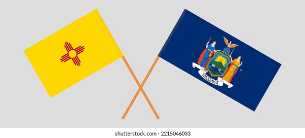 Crossed flags of the State of New Mexico and The State of New York. Official colors. Correct proportion. Vector illustration

