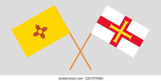Banderas cruzadas del Estado de Nuevo México y Alguacilazgo de Guernsey. Colores oficiales. Proporción correcta. Ilustración del vector
